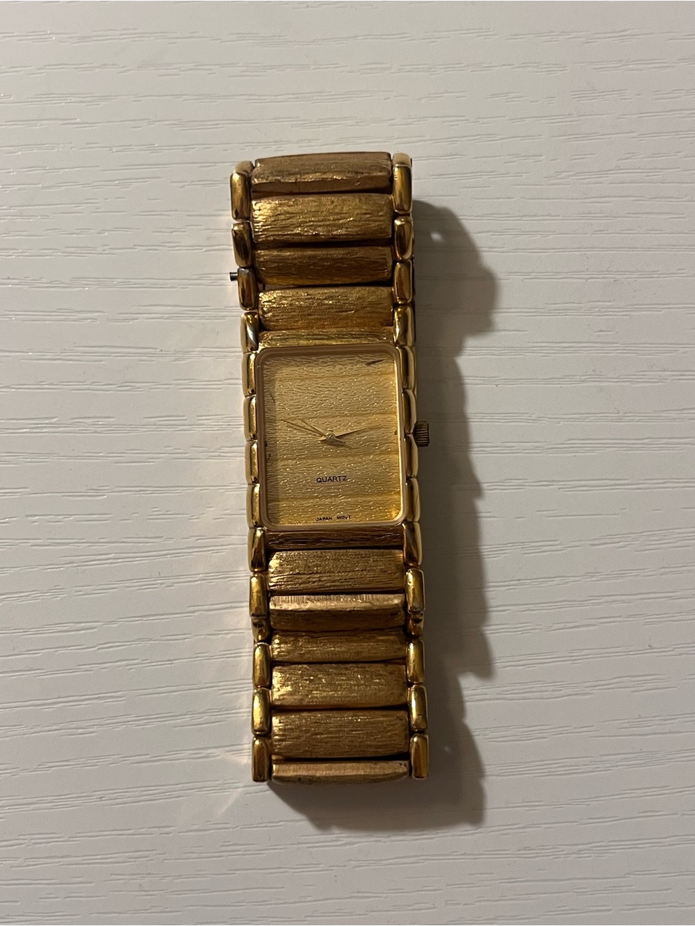 Vintage Gold Tone Rectangle Quartz Stretch Band Watch 7” Wrist Size Japan Movt